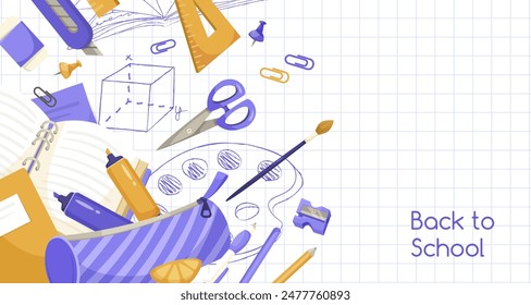 Surtido de útiles escolares sobre un fondo de rejilla. Ilustración vectorial del concepto de regreso a la escuela. Ilustración vectorial
