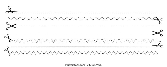 Assorted Scissor Cutting Lines: Dotted, Curved, Zigzag, and Straight Patterns for Design Projects