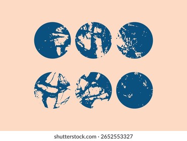 Assorted Scratched Distressed Textured Blue Circles Vector Graphic Isolate Design Elements. Round Shapes with Grunge Rough Textures Abstract Background.art