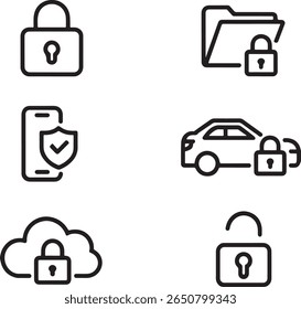 Assorted Security Icons Featuring Padlocks on Files, Phones, Cars, and Clouds Representing Data Protection and Safety