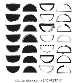 Diversos diseños de semicírculo. Estilos de pincel variados. Juego de Vector blanco y negro. Formas artísticas.