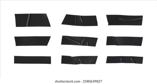 An assorted set of black tape strips with varying levels of wear, crinkles, and smooth edges, great for urban-style artwork, digital scrapbooking, or industrial-themed graphic elements.