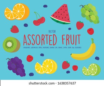 Assorted Set of Fruits, Berries, and Citrus - Flat Trendy Fun Vector Illustrations - Strawberry, Blueberry, Raspberry, Watermelon, Grapes, Kiwi, Lemon, Orange, Lime, Cherry, Banana