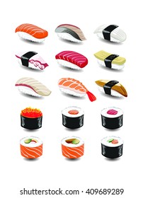 An assorted set of sushi and nigiri with detailed highlights and shadows isolated on white background vector illustration eps10