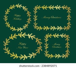 Assorted shapes Christmas fir wreath frames set, doodle style golden colored vector illustration