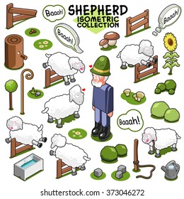Assorted sheep collection with shepherd, items to build a flock of sheep on farmland. Isometric vector set