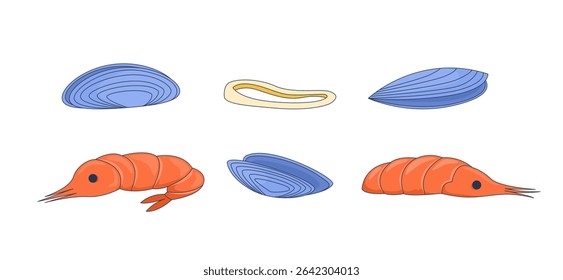 Assorted shellfish and shrimps 2D cartoon objects set. Clams, mussels, prawns, calamari ring. Seafood ingredients isolated elements flat vector clip arts on white. Spot illustrations collection