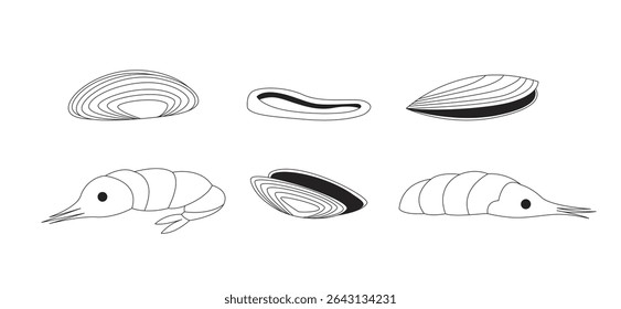 Assorted shellfish and shrimps 2D line objects set. Clams, mussels, prawns, calamari ring. Seafood ingredients isolated cliparts vector ink outline items. Monochrome spot illustrations collection