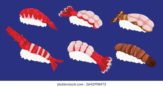 Sorted Shrimp Sushi Collection com Mantis, Sweet Shrimp, Botan Ebi e Japonês Camarão Nigiri
Ideal para visuais com temas de sushi, menus de frutos do mar e conteúdo culinário com estilos tradicionais de nigiri.