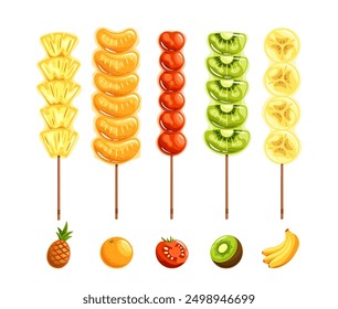 Assorted Skewered Fruits Pineapple, Orange, Cherry Tomato, Kiwi, And Banana, Presented As Tanghulu Street Food