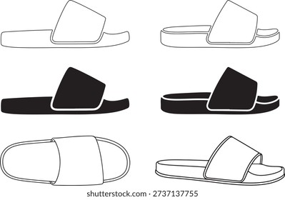 Assorted slide sandal illustrations showing various strap styles and sole thicknesses for summer footwear concepts. Minimalist black and white icons of comfortable beach shoes and pool slides for fashion and vacation retail themes. Simple footwear line art set.