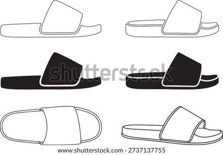 Assorted slide sandal illustrations showing various strap styles and sole thicknesses for summer footwear concepts. Minimalist black and white icons of comfortable beach shoes and pool slides for fashion and vacation retail themes. Simple footwear line art set.