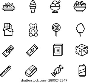 Assorted snack food and confectionery icon set with chocolate confectionery collection illustration lollipop packaging snacking cravings appetizer nutrition calories snackable