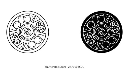 Assorted snack platter featuring circular composition of bites or appetizers served on round dish displayed as minimalist line art and bold filled black icons ideal for restaurant menu illustrations.