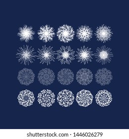 Assorted snowflake winter set for xmas and NY projects. Christmas white lice style and sketch snow elements. Vector illustration for poster, invitation, surface design, fabric.
