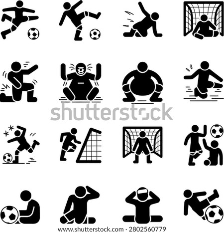 Assorted soccer actions and goalkeeper poses depicted in minimalist monochrome icon style for sports themes