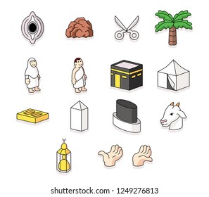 Assorted soft graphic collection of Mecca pilgrimage theme. Icon of Hajj pilgrim progress.