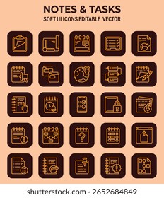 Assorted soft user interface icons depicting notes and tasks in an organized layout providing minimalist design