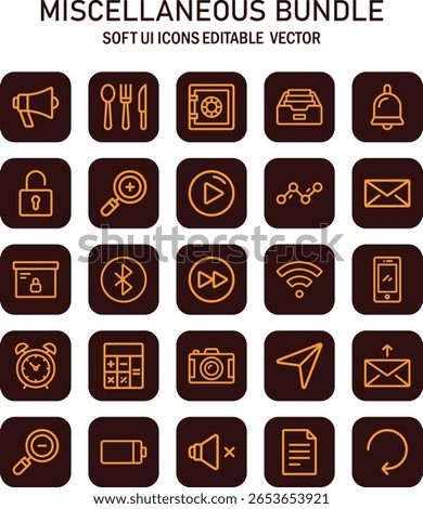 Assorted soft user interface icons offering diverse functionality and application design elements encompassing various