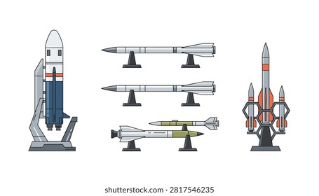 Assorted space vehicles and missiles mounted on various display racks for exhibition purposes.