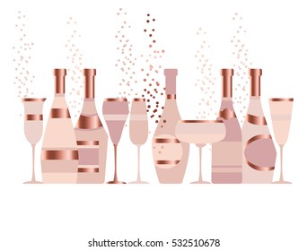 assorted sparkling wine glasses and bottles. rose gold champagne concept flat vector illustration.  festive wedding wineglass and wine-bottle silhouette design.