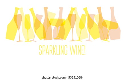 assorted sparkling wine glasses and bottles. champagne concept flat vector illustration.  