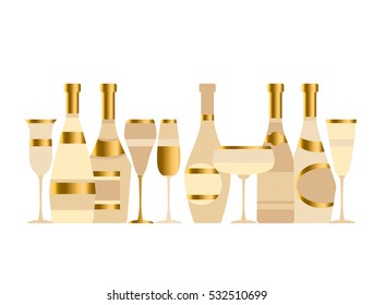 assorted sparkling wine glasses and bottles. champagne concept flat vector illustration.  festive wedding wineglass and wine-bottle silhouette design.