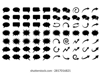 Assorted speech bubbles thought clouds and directional arrows in transparent white background format