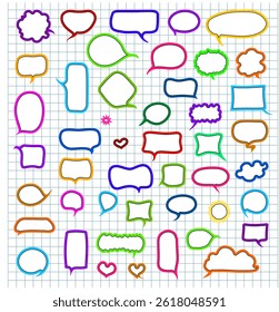 Assorted speech bubbles in various shapes and sizes, vibrant colors, on grid paper background