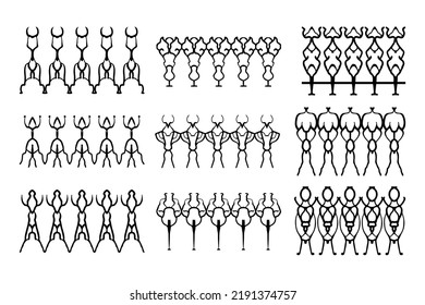 Assorted spooky cemetery fence silhouettes. Assets isolated on a white background. Scary, haunted and spooky fence elements