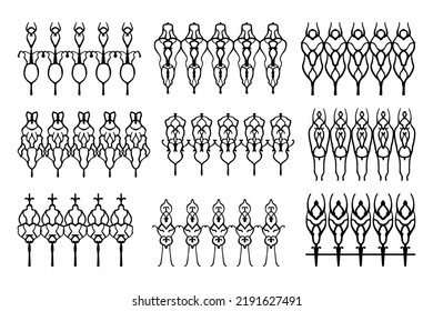 Assorted spooky cemetery fence silhouettes. Assets isolated on a white background. Scary, haunted and spooky fence elements