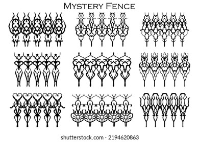 Assorted spooky cemetery fence silhouettes. Assets isolated on a white background. Scary, haunted and spooky fence elements