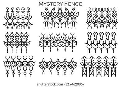 Assorted spooky cemetery fence silhouettes. Assets isolated on a white background. Scary, haunted and spooky fence elements