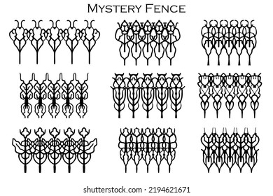 Assorted spooky cemetery fence silhouettes. Assets isolated on a white background. Scary, haunted and spooky fence elements