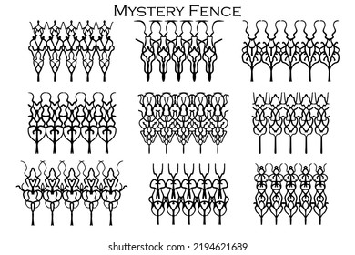 Assorted spooky cemetery fence silhouettes. Assets isolated on a white background. Scary, haunted and spooky fence elements
