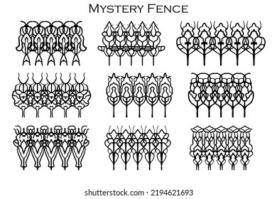 Assorted spooky cemetery fence silhouettes. Assets isolated on a white background. Scary, haunted and spooky fence elements