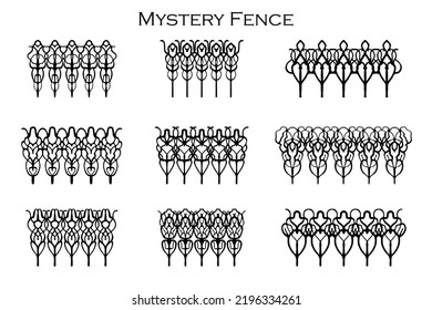 Assorted spooky cemetery fence silhouettes. Assets isolated on a white background. Scary, haunted and spooky fence elements