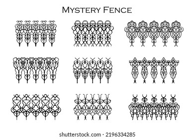 Assorted spooky cemetery fence silhouettes. Assets isolated on a white background. Scary, haunted and spooky fence elements