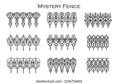 Assorted spooky cemetery fence silhouettes. Assets isolated on a white background. Scary, haunted and spooky fence elements