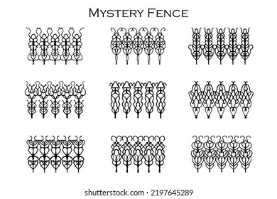 Assorted Spooky Cemetery Fence Silhouettes. Assets Isolated On A White Background. Scary, Haunted And Spooky Fence Elements
