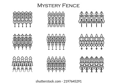 Assorted Spooky Cemetery Fence Silhouettes. Assets Isolated On A White Background. Scary, Haunted And Spooky Fence Elements
