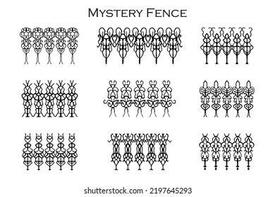 Assorted Spooky Cemetery Fence Silhouettes. Assets Isolated On A White Background. Scary, Haunted And Spooky Fence Elements
