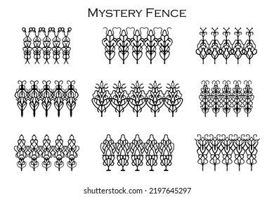 Assorted Spooky Cemetery Fence Silhouettes. Assets Isolated On A White Background. Scary, Haunted And Spooky Fence Elements
