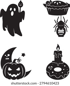 Assorted spooky graphics including haunted treats spider webs and creepy moon symbols.