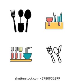 Assorted spoon fork and knife icons with kitchen utensil storage organizer.