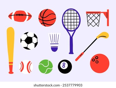 Assorted Sports Equipment Icon Set. A vibrant collection of 12 sports equipment icons. Perfect for sports-themed designs, websites, and marketing materials