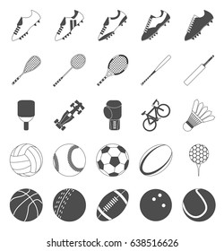 Assorted sports vectors football, soccer, squash, badminton, tennis, baseball, boxing, cycling, car racing, golf ball and tee, table tennis, rugby, basketball, cricket, volleyball and bowling.