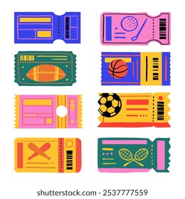 Assorted Stadium Ticket Collection. A collection of 8 unique, colorful stadium tickets, each designed for various sports and events. Perfect for event promotions and sports-themed projects