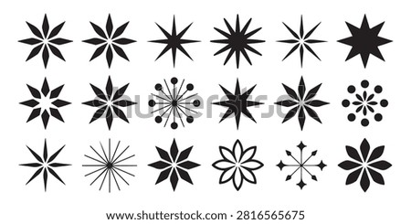Assorted star patterns, floral inspired geometric designs, abstract elements, graphic design components.