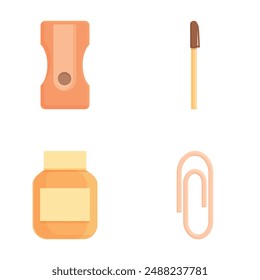 Assorted stationery icons set for office, school, art, and crafting with flat design, vector illustration, and contemporary minimalistic collection. Perfect for organizing work tools.